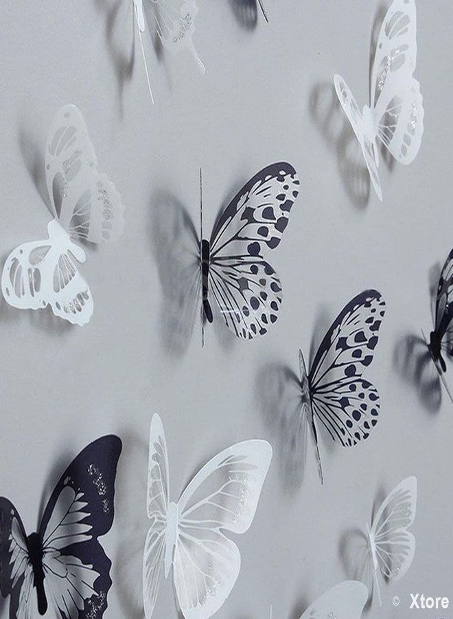 اكستور مجموعة إكستوري من 18 قطعة من الفراشات اللامعة ثلاثية الأبعاد باللونين الأسود والأبيض لتزيين المنزل | قطعة ديكور جميلة | تأتي مع لاصق - (مجموعة من 18 قطعة، باللونين الأسود والأبيض) - Image 2